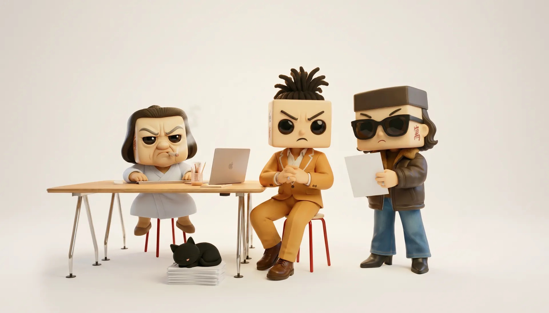 Three Wasabi characters around a desk: an angry granny, a calm mahjong-headed kid, and a yakuza with sunglasses.